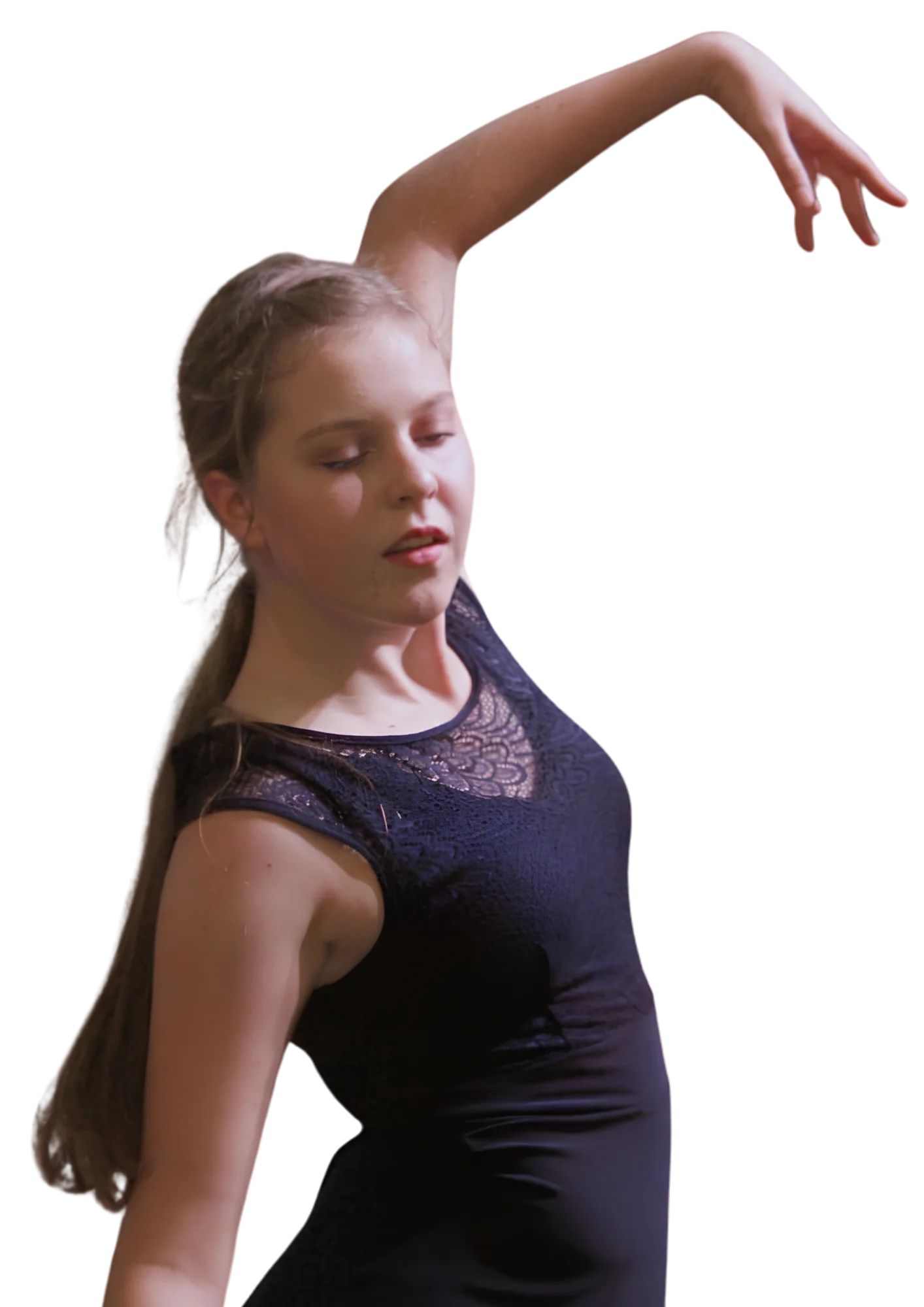 A dancer mid-movement, arm extended overhead